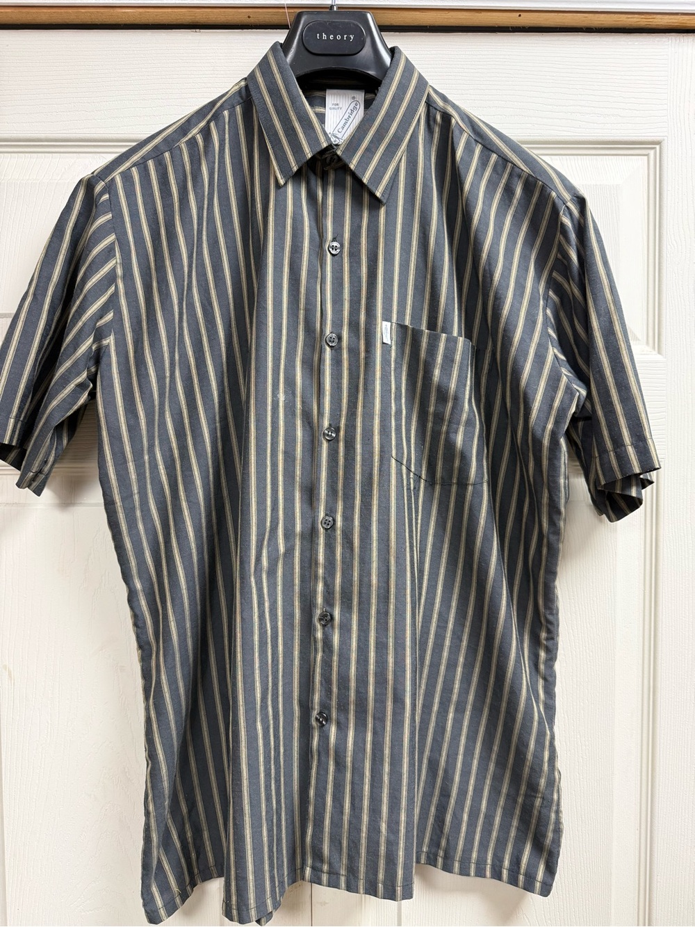 Vintage Cambridge Gray Gold Stripe Short Sleeve Button Down Shirt 40 Chest 60’s